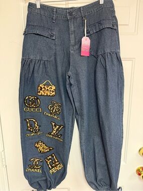 Women’s Blue Denim Patchwork Logo Jeans